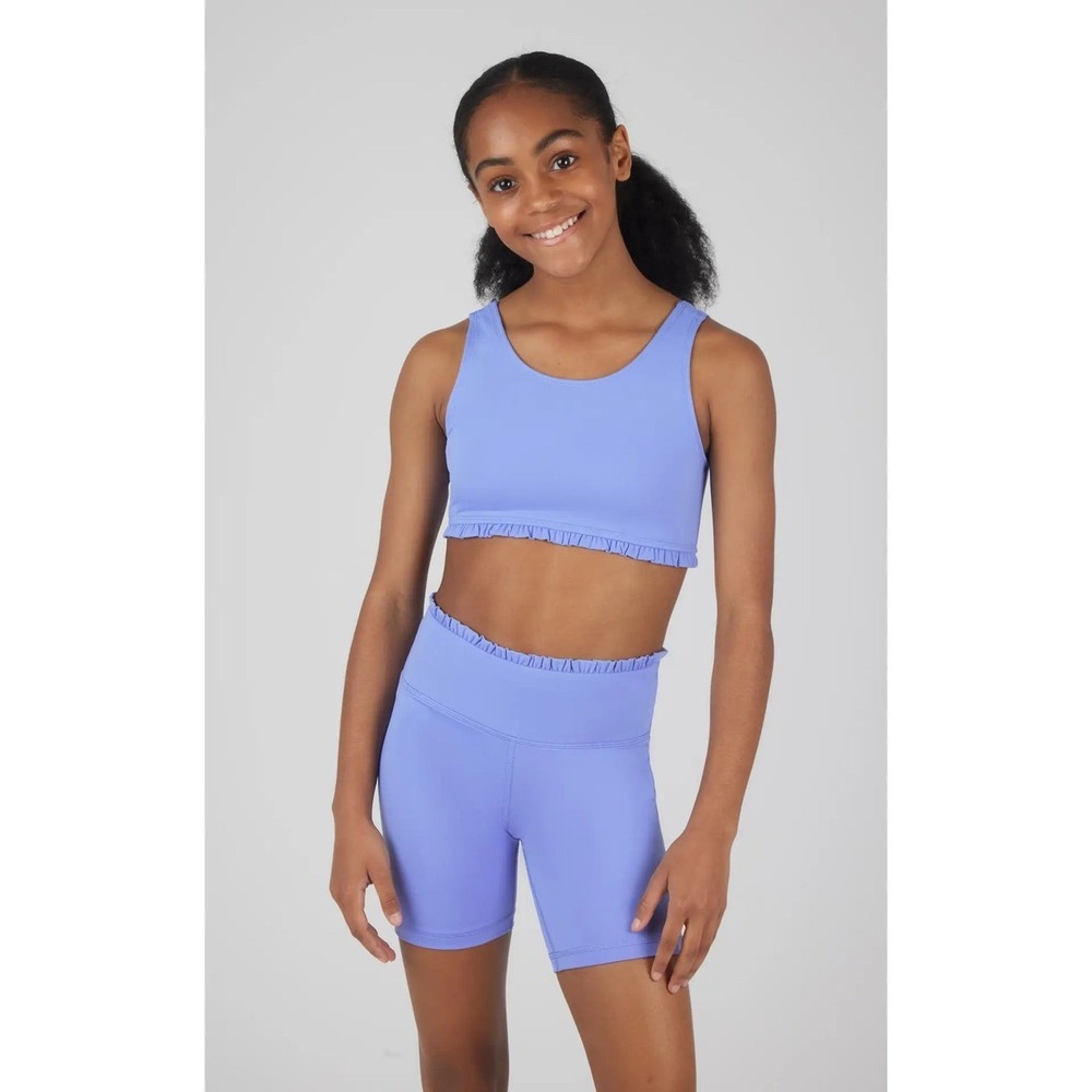 Yogalicious Perisian Jewel Blue Ruffle Crop & Biker Short Set Girls Size 7/8 NEW